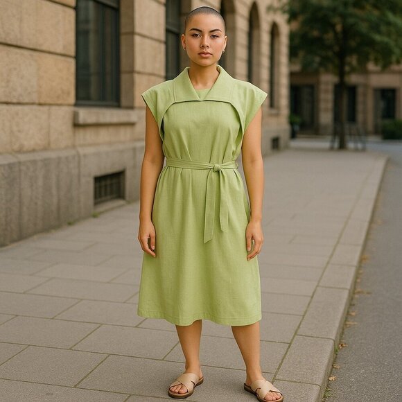 Y Project Midi Dress Lime Green Women's Small Sleeveless Crew Neck Waist Tie 36 - Picture 2 of 6